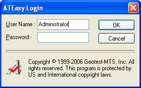 The ATEasy Login Dialog with Administrator username included. The ATEasy Login Dialog with Administrator username included.